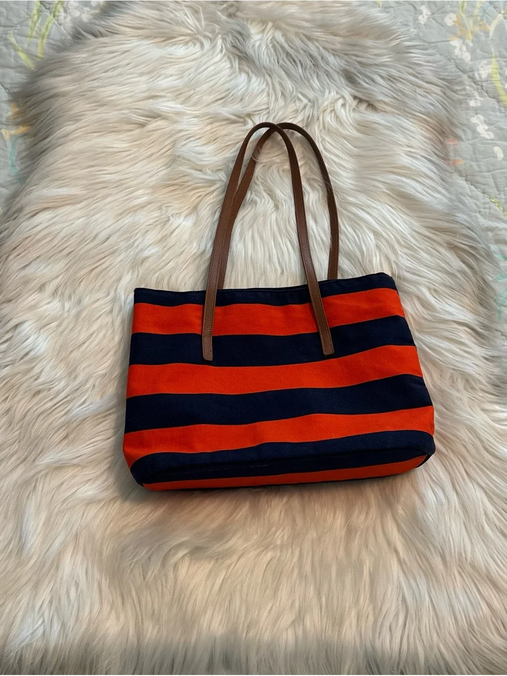 Janie and Jack Navy and Orange Striped Canvas Tote with Brown Handles